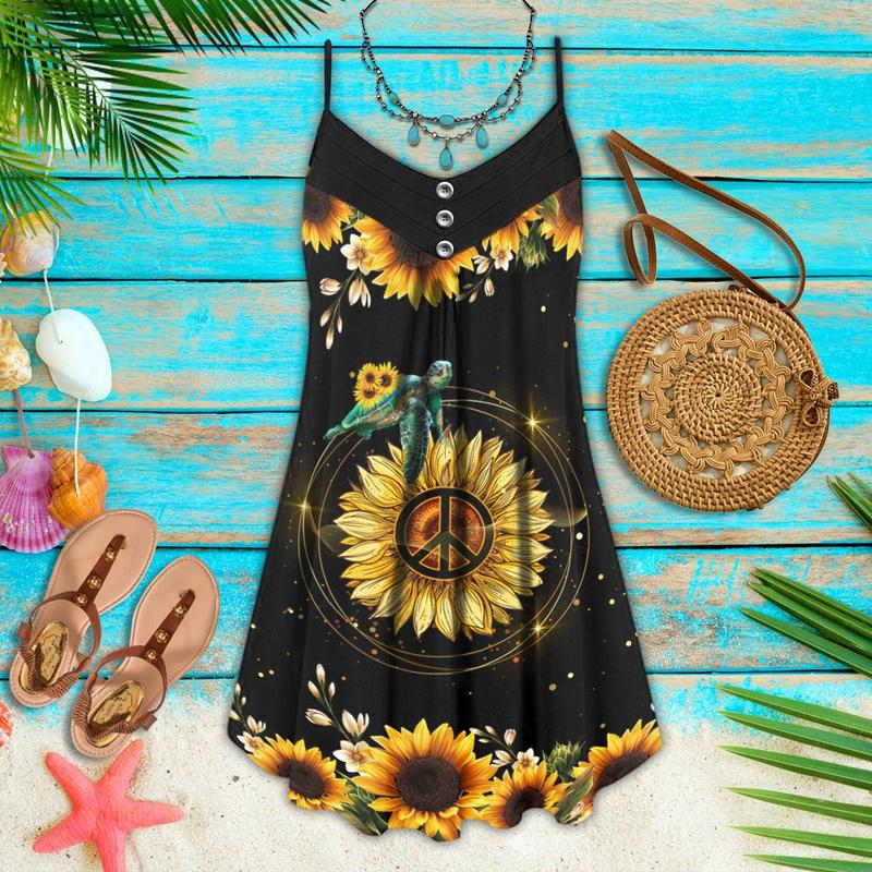 Hippie Sunflower Turtle Love – Women's Summer Sleeveless V-Neck Camisole Dress