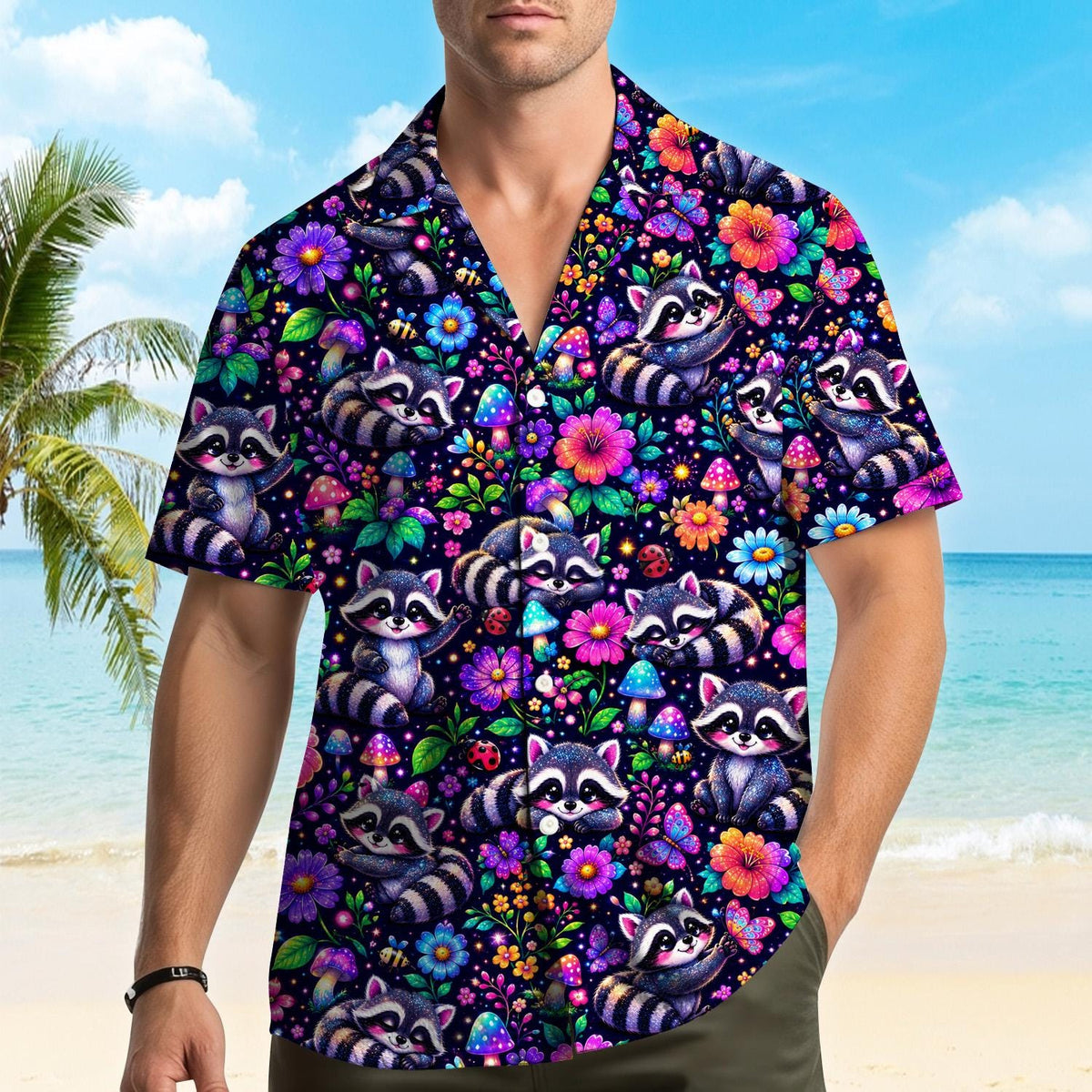 Cute Raccoon Colorful Floral Mushroom Garden – Hawaiian Shirt