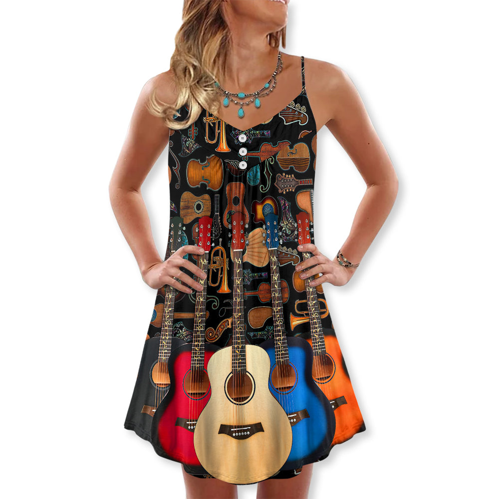 Guitar Lover Happy Life Music – Women's Summer Sleeveless V-Neck Camisole Dress