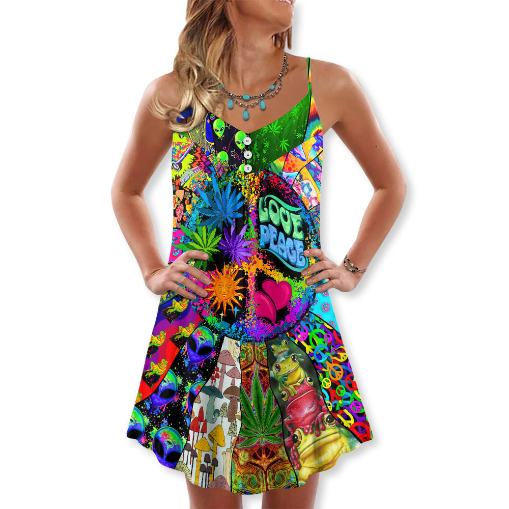 Hippie Alien Frogs Peace Love – Women's Summer Sleeveless V-Neck Camisole Dress