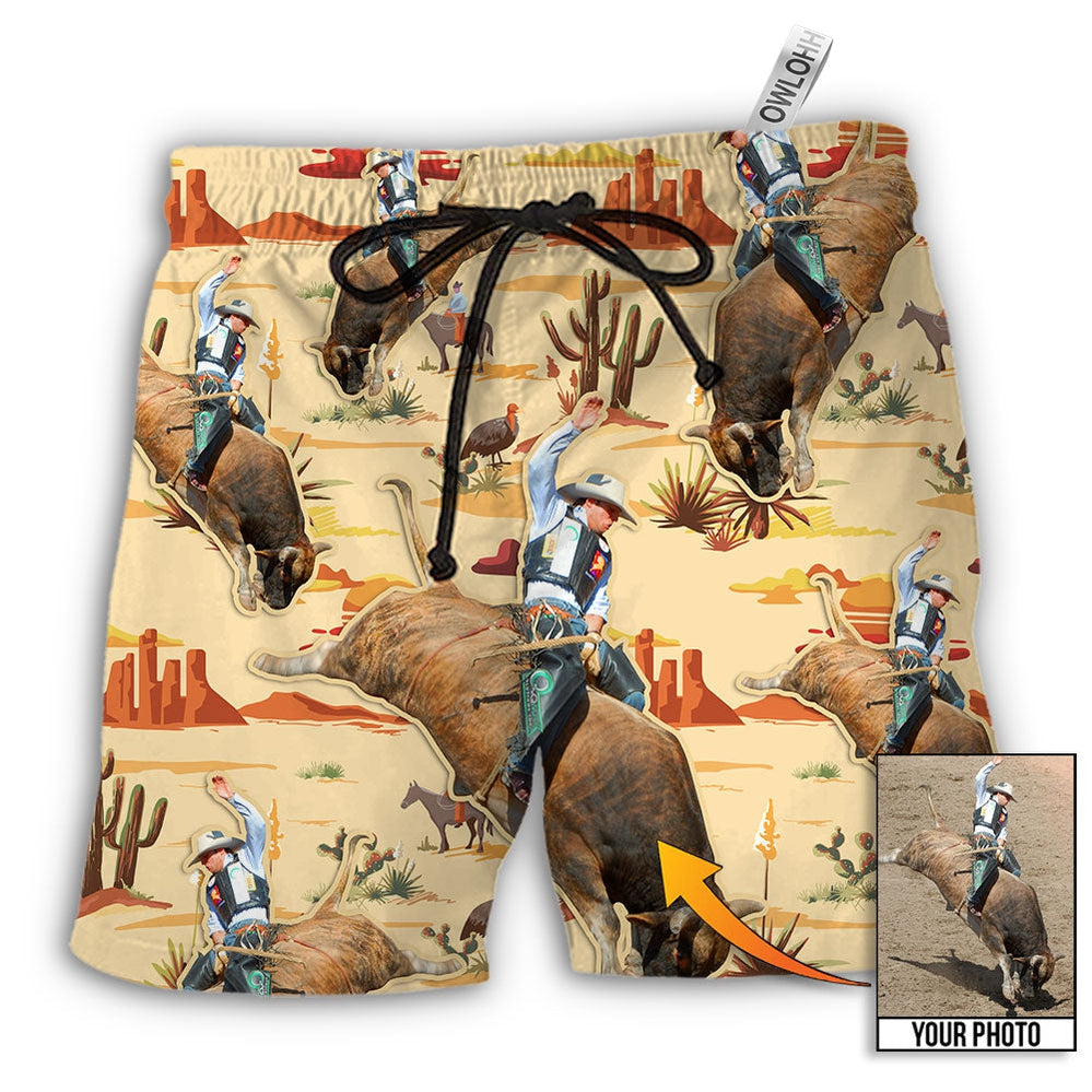 Beach Short / Adults / S Cowboy Bull Riding Tropical Custom Photo - Beach Short - Owls Matrix LTD
