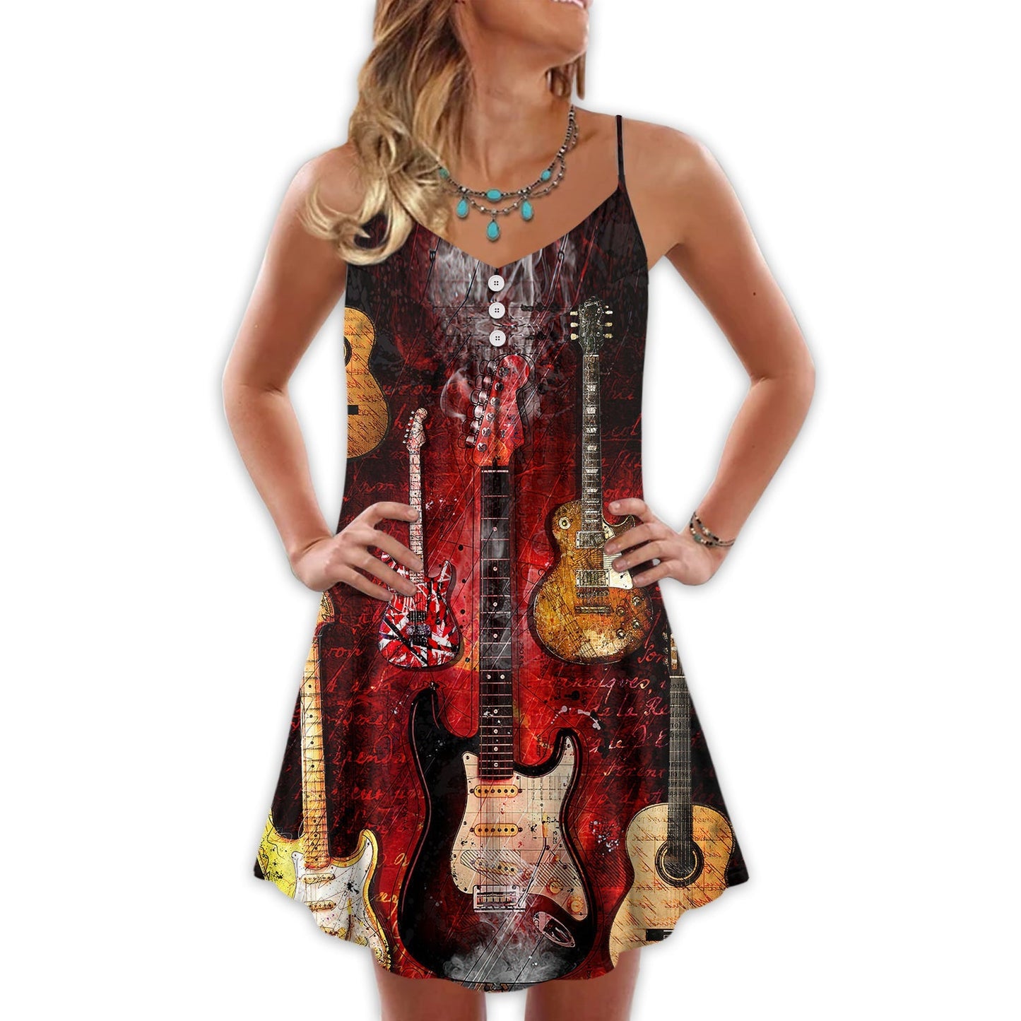 Halloween Abstract Guitar Art – Women's Summer Sleeveless V-Neck Camisole Dress