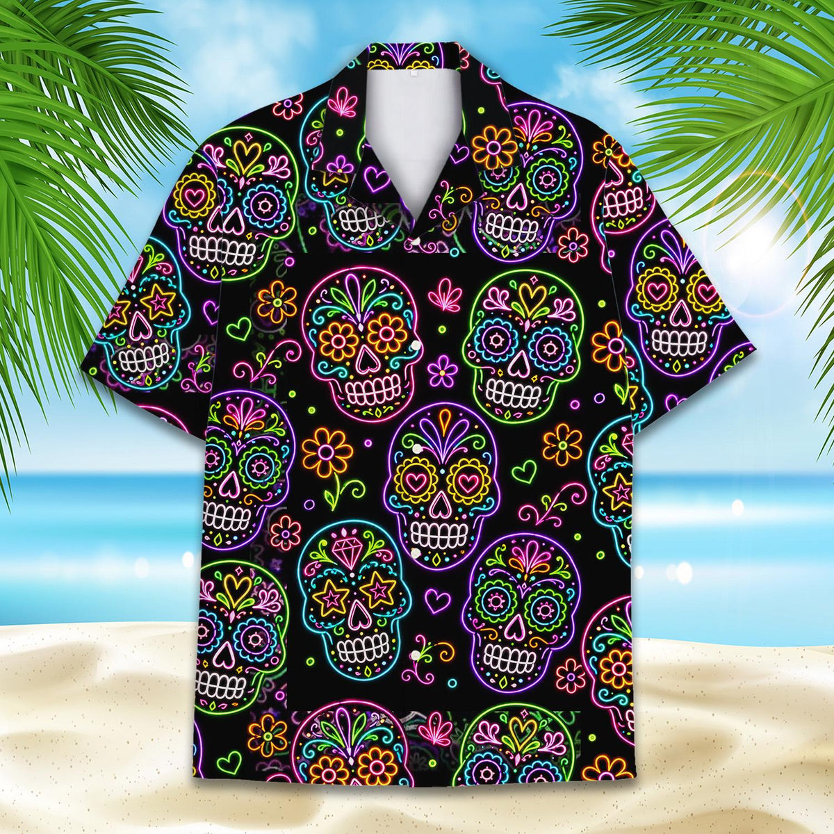 Neon Sugar Skull Day Of The Dead Gothic Halloween – Hawaiian Shirt