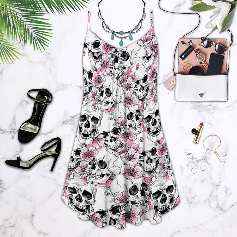 Pink Floral Skull Tropical – Women's Summer Sleeveless V-Neck Camisole Dress