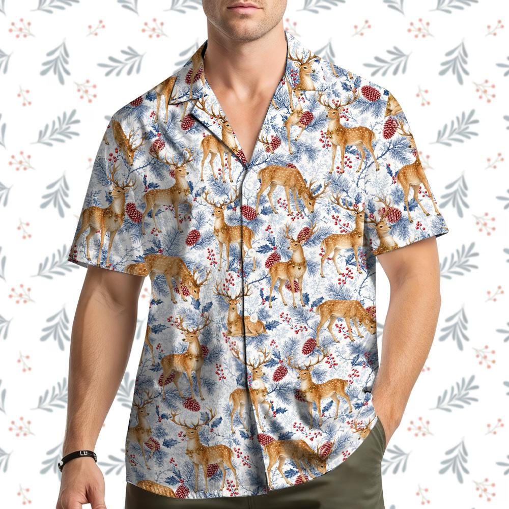 Christmas Deer Winter Reindeer Pine Cone Woodland – Hawaiian Shirt