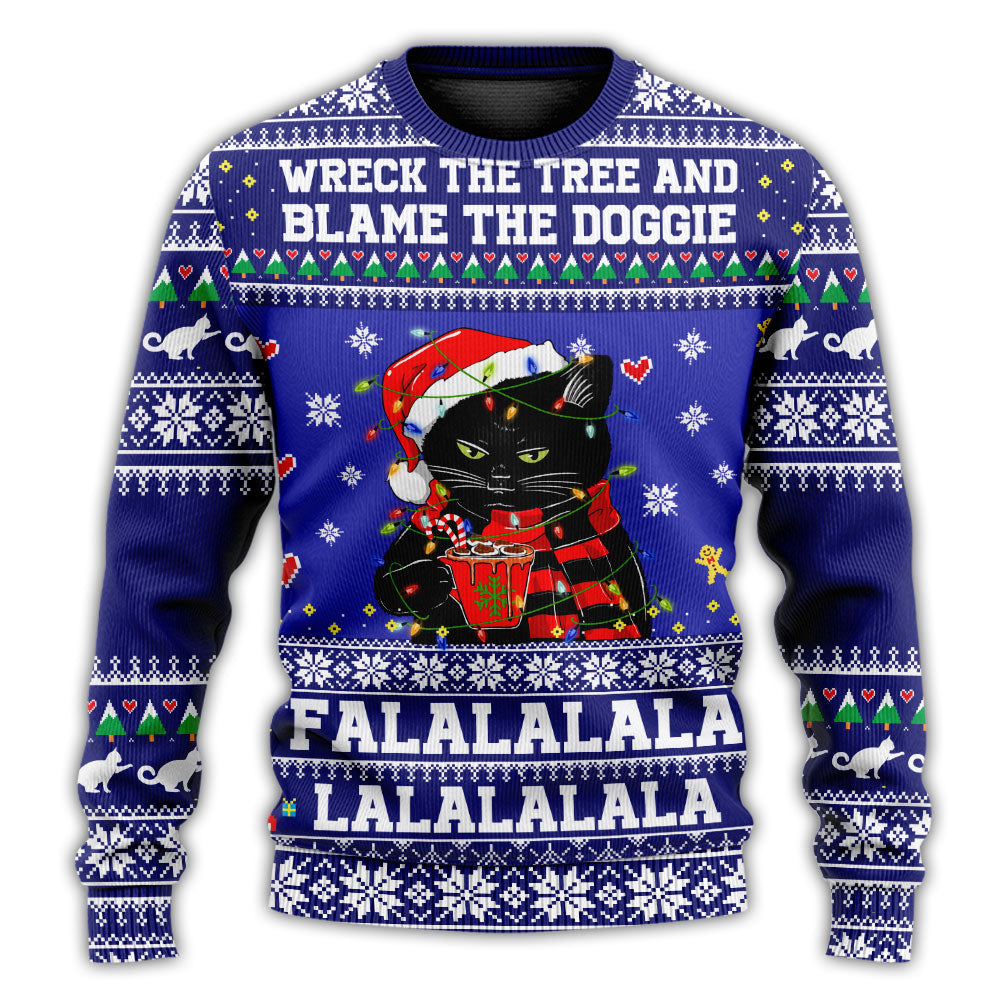 Black Cat Wrecks Tree Funny Holiday – Sweater - Ugly Christmas Sweater