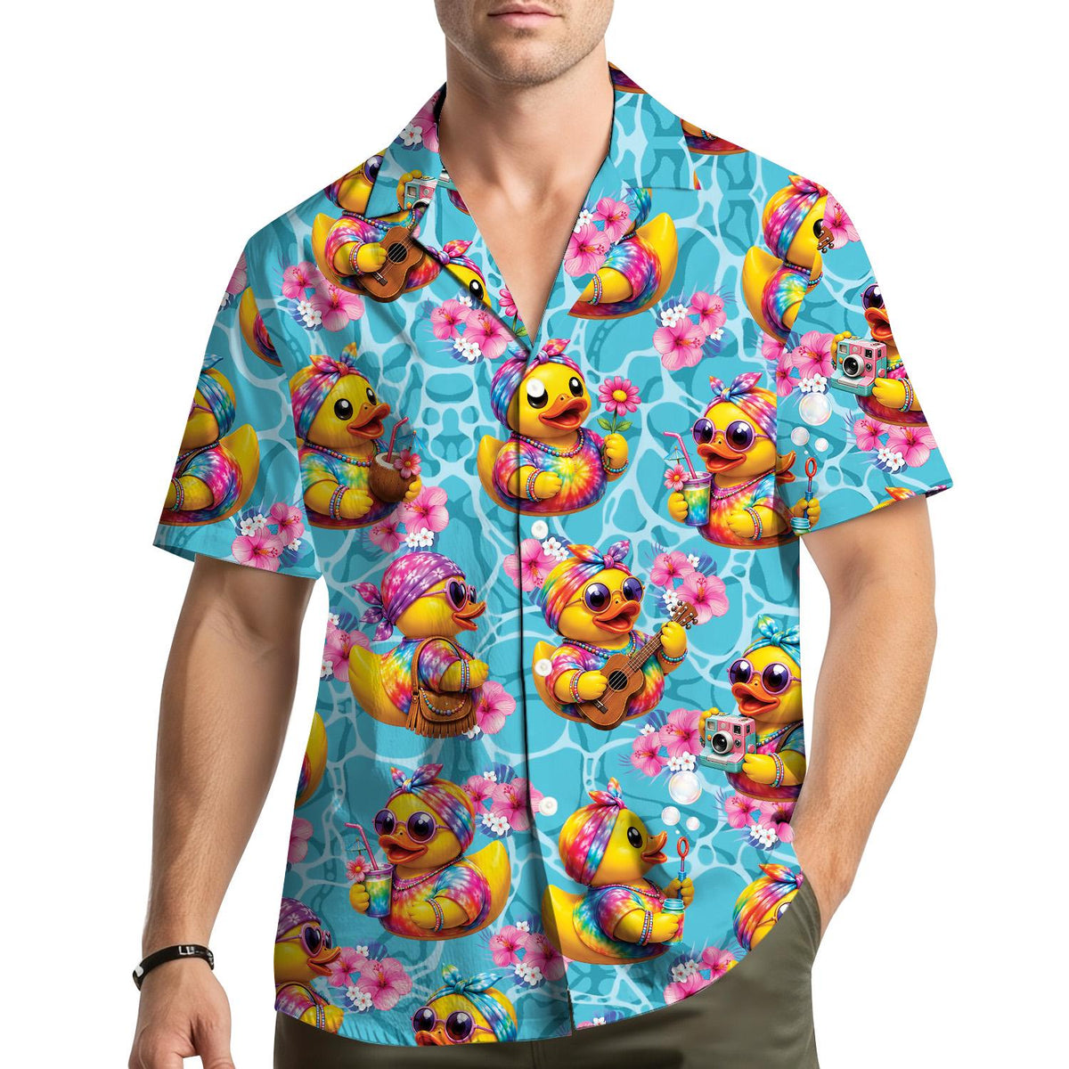 Summer Rubber Duck Tie Dye Tropical Flowers Cocktail – Hawaiian Shirt