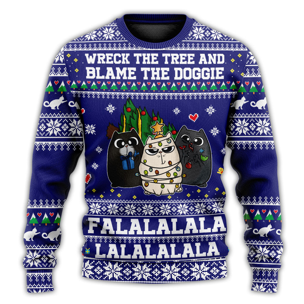 Cat Wrecks Tree Meowy Christmas Style – Sweater - Ugly Christmas Sweater