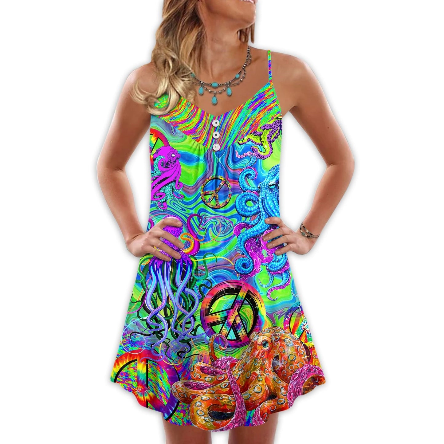 Hippie Funny Octopus Colorful Tie Dye – Women's Summer Sleeveless V-Neck Camisole Dress