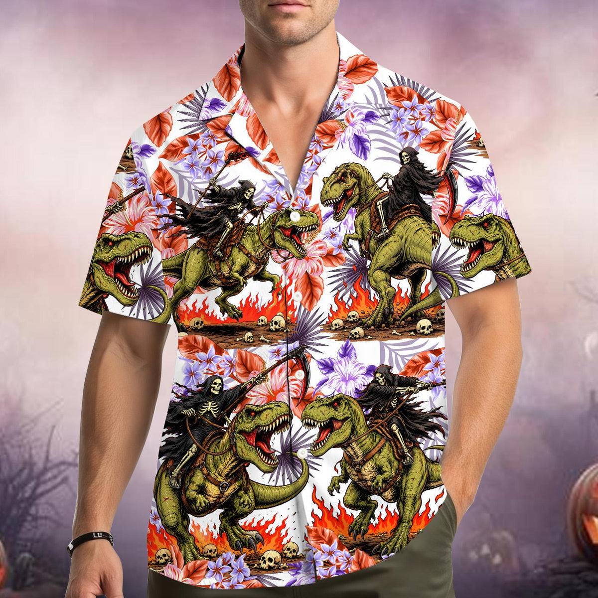 T-Rex Riding Reaper Retro Skeleton Dinosaur – Hawaiian Shirt