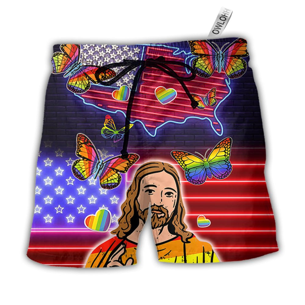 Beach Short / Adults / S LGBT Independence Day Jesus Butterfly Neon - Beach Short - Owls Matrix LTD