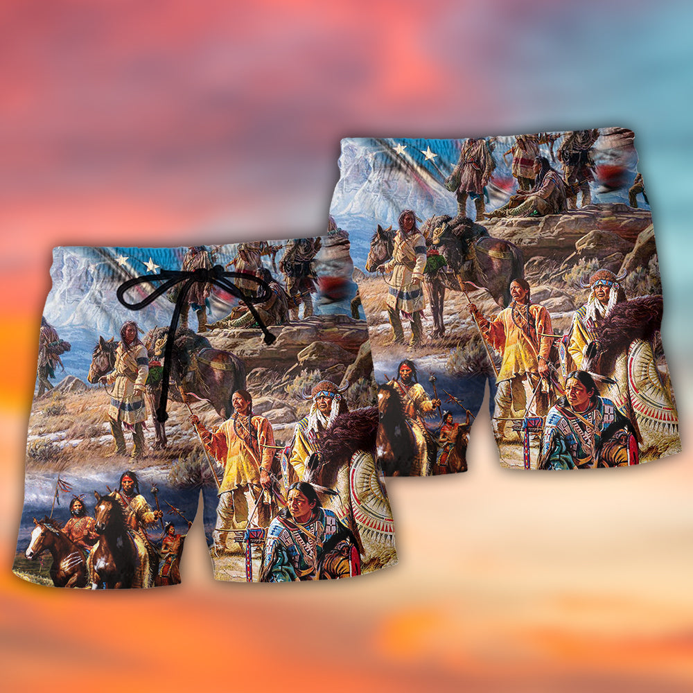 Native American Independence Day American Flag - Beach Short - Owls Matrix LTD
