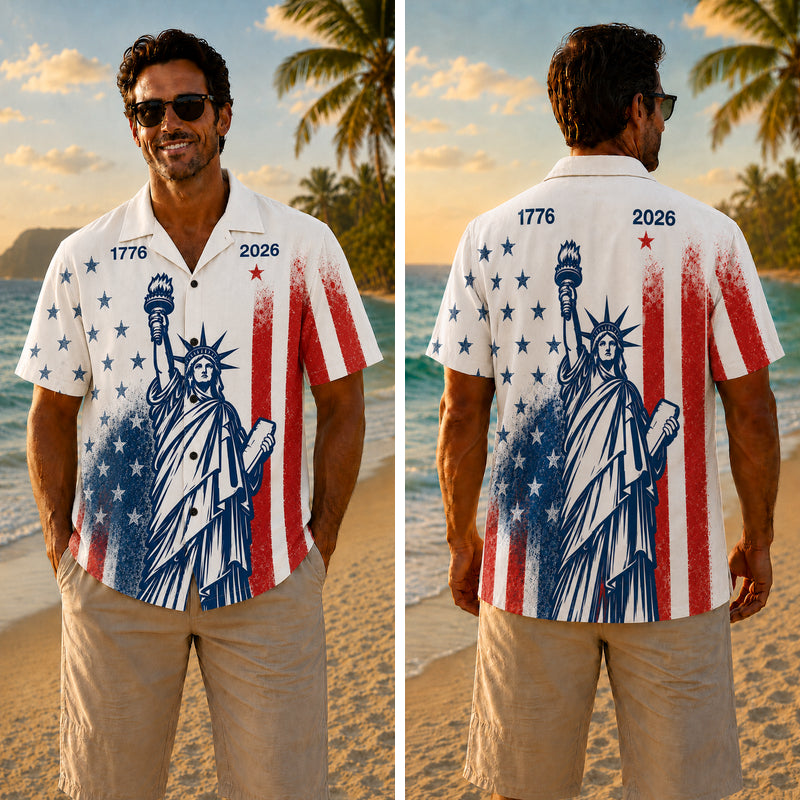 USA 250th Anniversary Wide Hawaiian Shirt - Statue of Liberty Flag