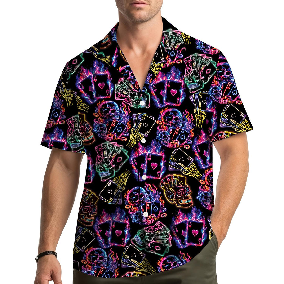 Neon Poker Skull Playing Cards Skeleton Hand – Hawaiian Shirt