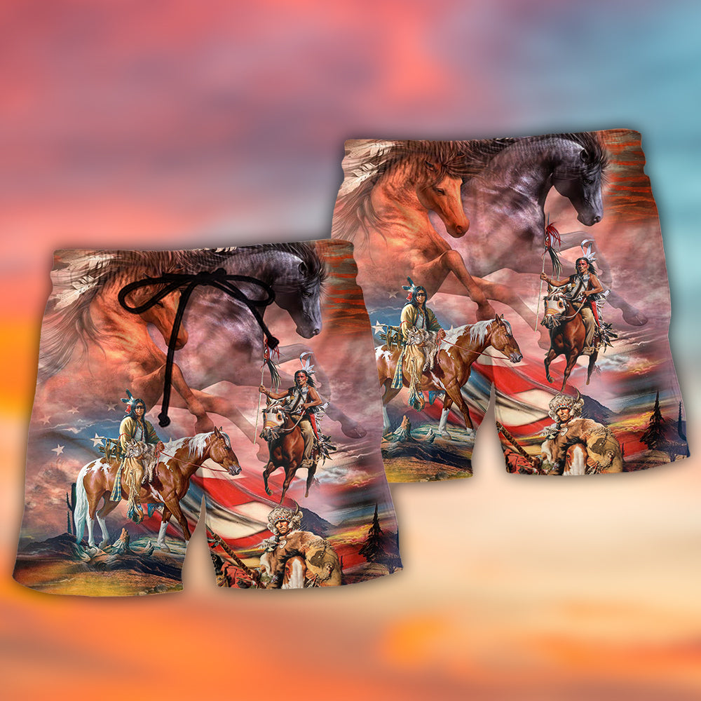 Native American Independence Day Horse American Flag - Beach Short - Owls Matrix LTD