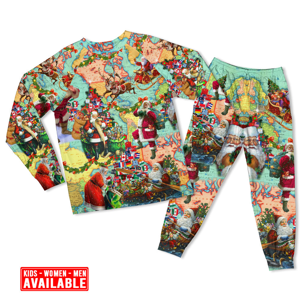 Women / S Chirstmas Love Santa World Map - Pajamas Long Sleeve - Owls Matrix LTD
