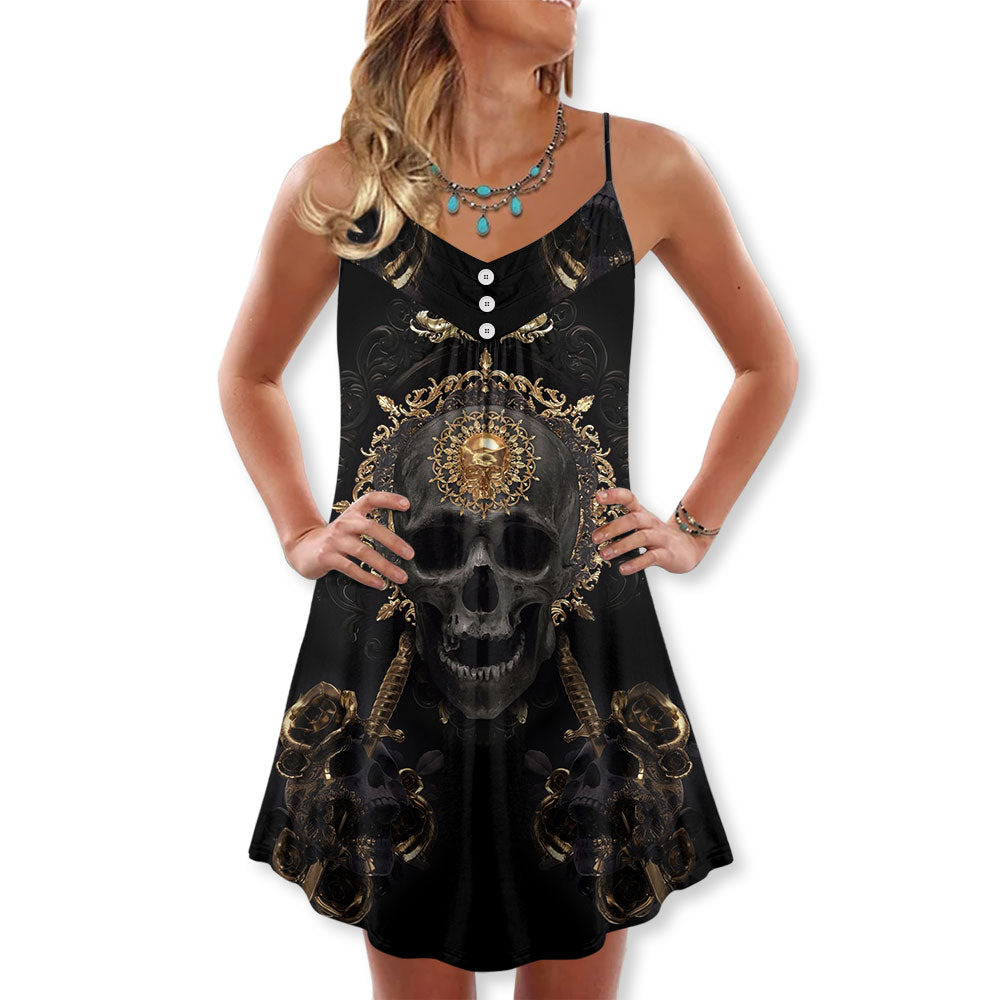 Golden Skull Stay True – Women's Summer Sleeveless V-Neck Camisole Dress
