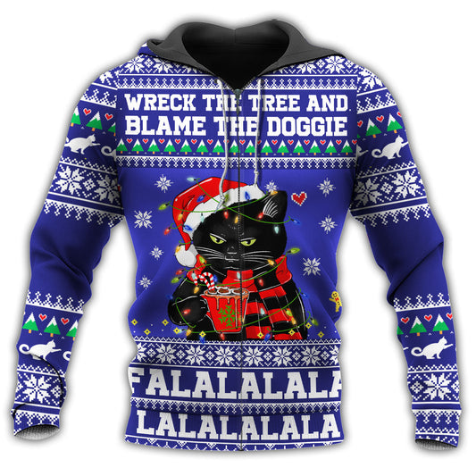 Black Cat Wreck The Tree Funny Holiday Art – 3D Hoodie