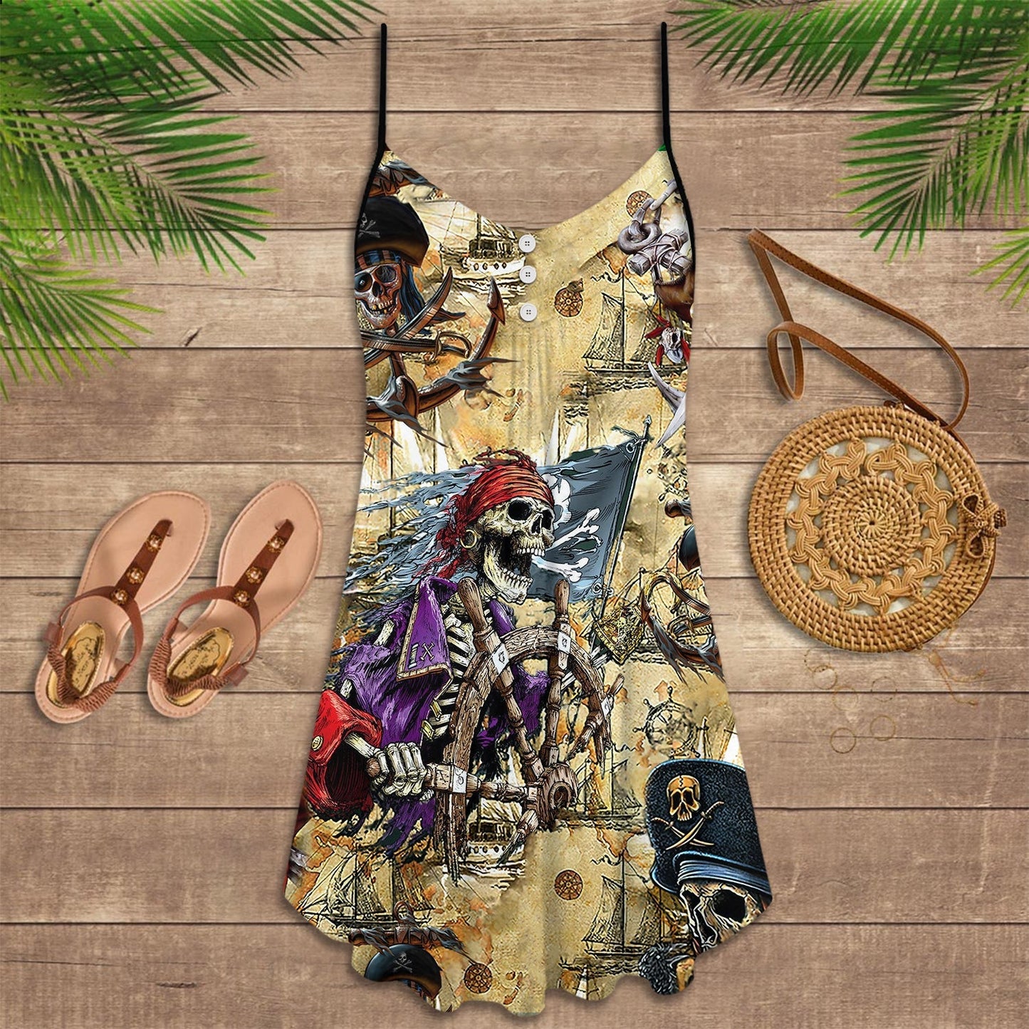 Skull Pirate Adventure Theme – Women's Summer Sleeveless V-Neck Camisole Dress