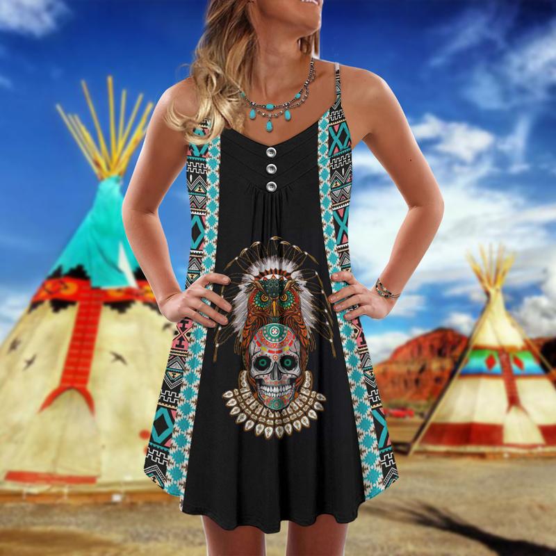 Native Skull Summer Pattern – Women's Summer Sleeveless V-Neck Camisole Dress