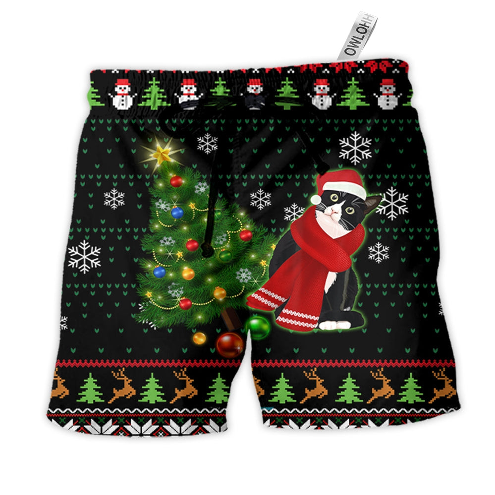 Beach Short / Adults / S Cat Wreck The Tree Happy Ugly Style Christmas - Beach Short - Owls Matrix LTD