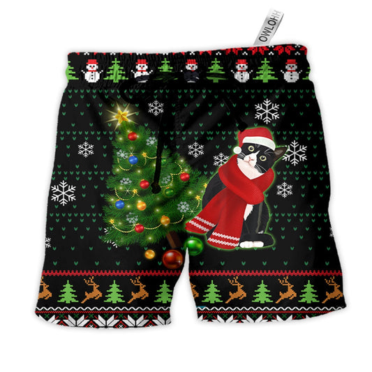 Beach Short / Adults / S Cat Wreck The Tree Happy Ugly Style Christmas - Beach Short - Owls Matrix LTD