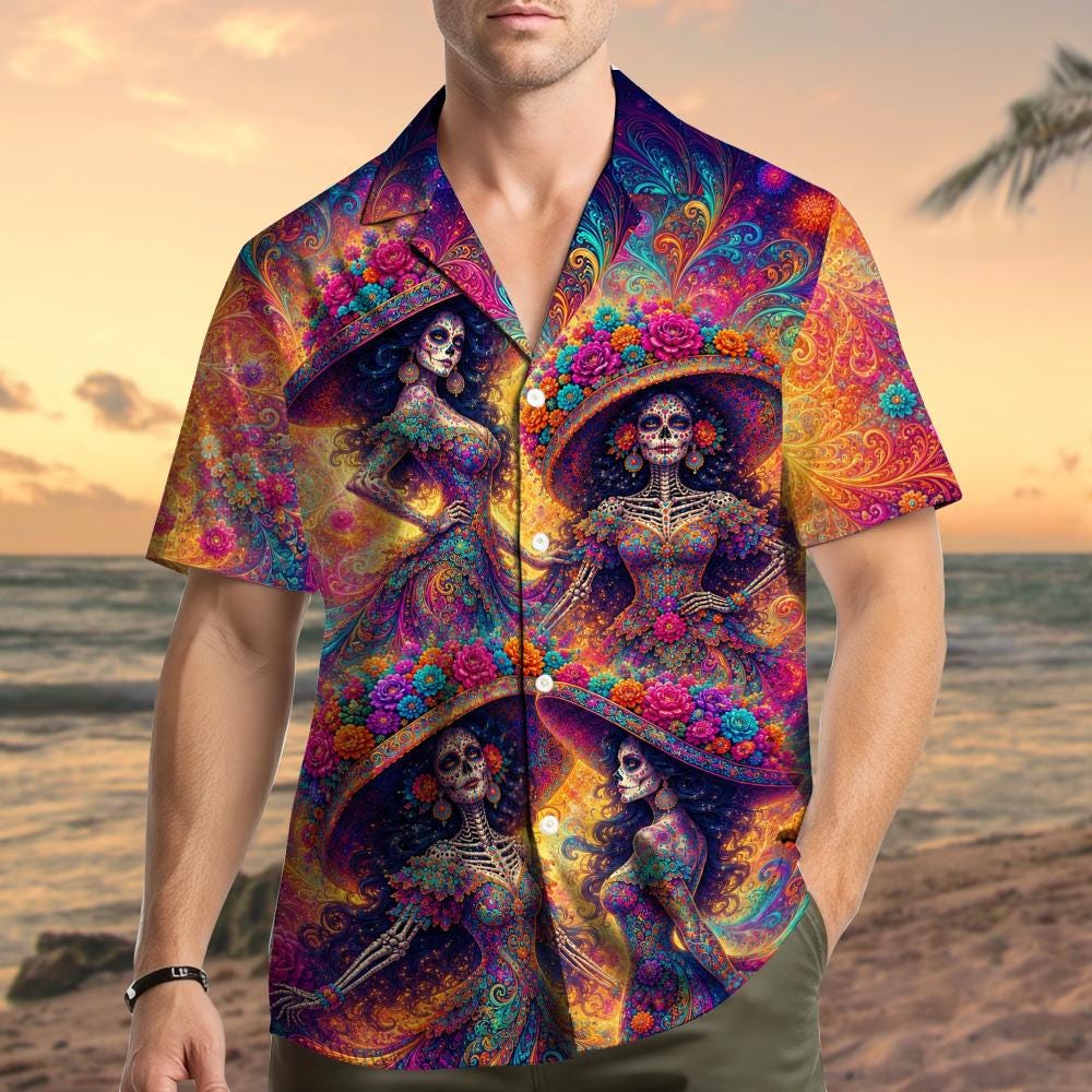 Floral Skull Colorful Skeleton Lady Gothic Halloween – Hawaiian Shirt
