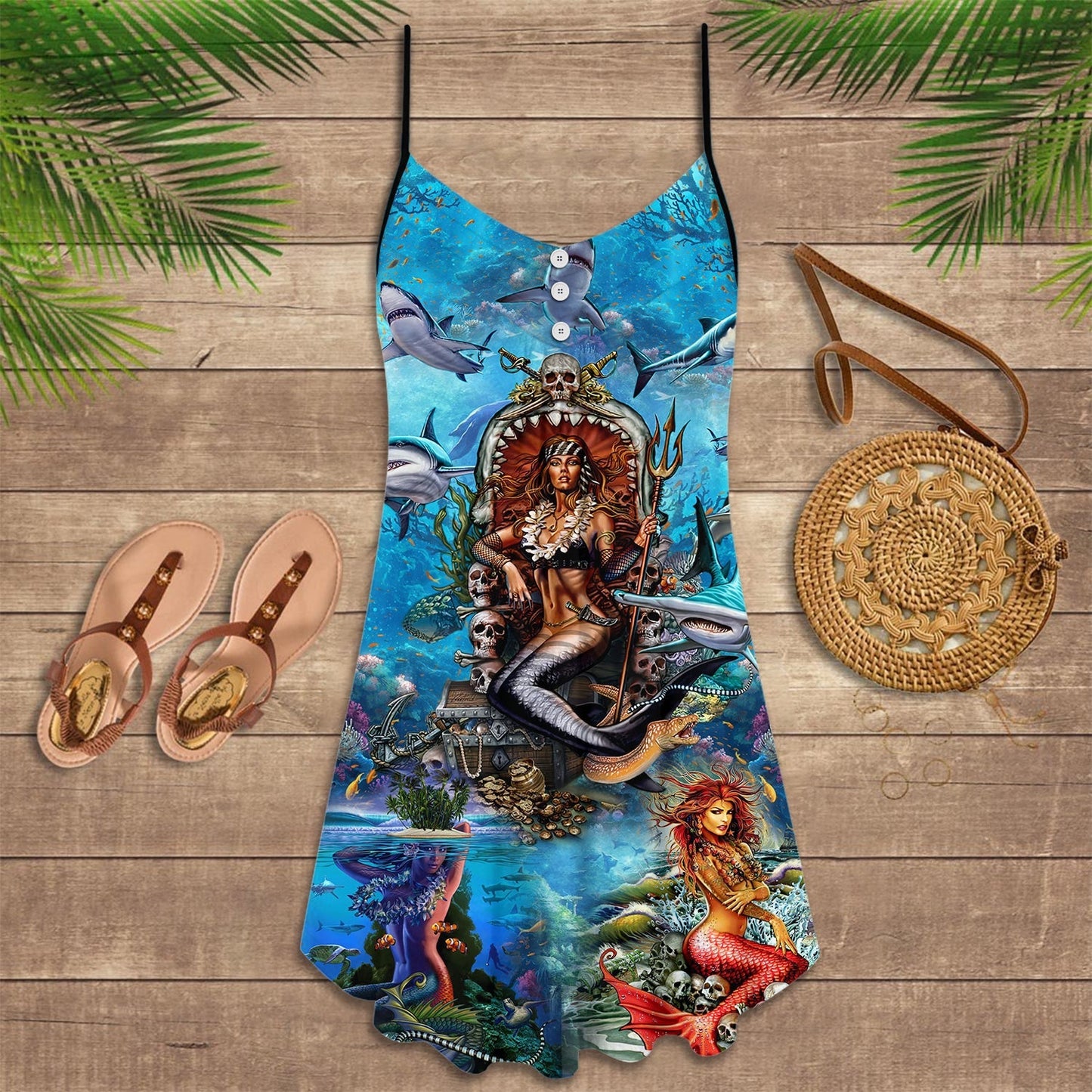 Mermaid And Skull Beauty – Women's Summer Sleeveless V-Neck Camisole Dress