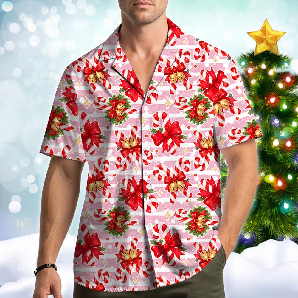 Pink Candy Cane Red Bow Jingle Bell Christmas – Hawaiian Shirt