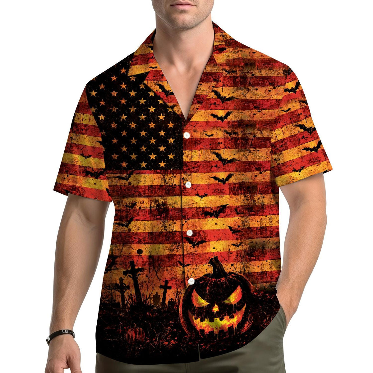 Spooky American Flag Jack O Lantern Cemetery – Hawaiian Shirt