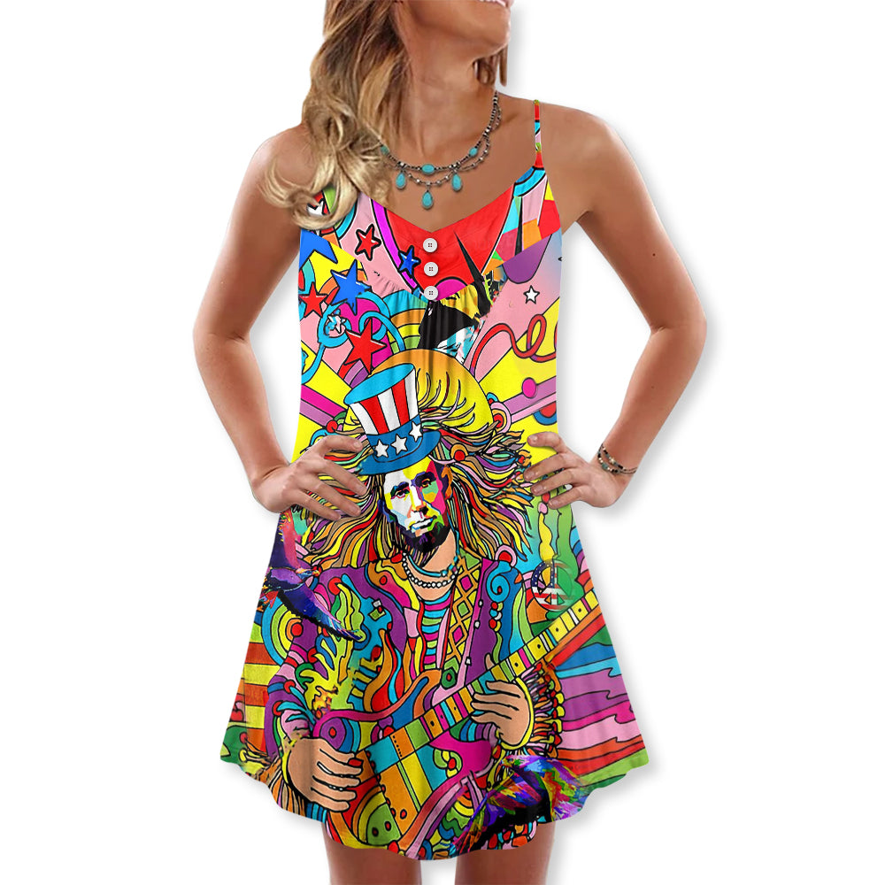 Hippie Patriotic Colorful Style – Women's Summer Sleeveless V-Neck Camisole Dress