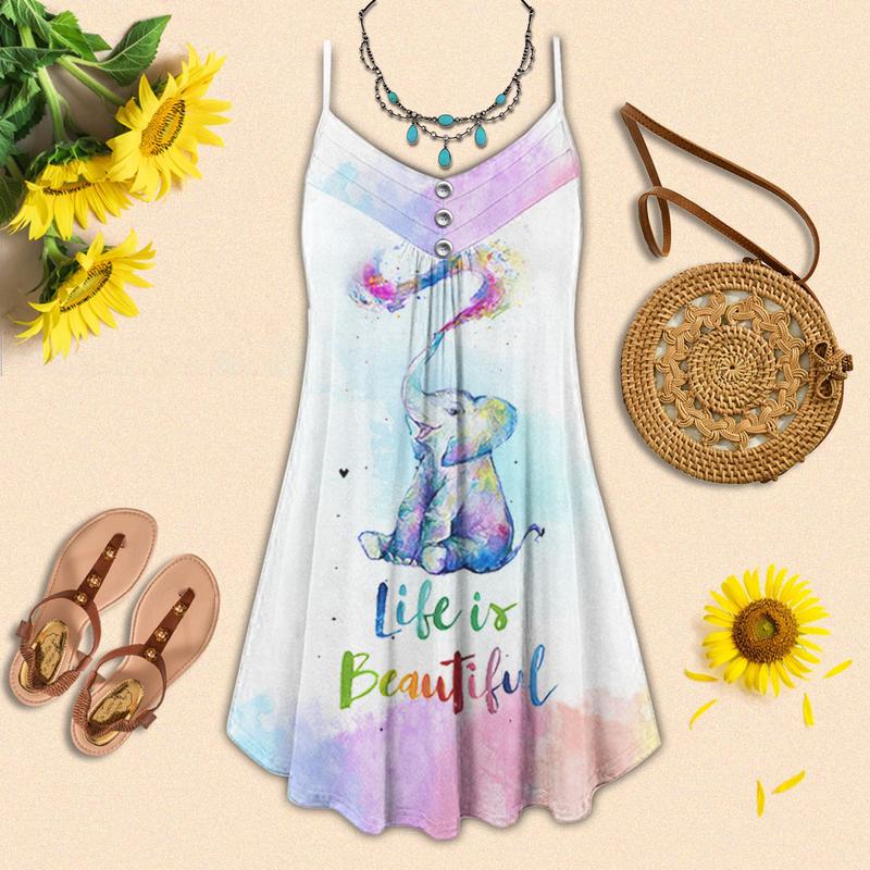 Elephant Summer Vibes Limited 1 – Women's Summer Sleeveless V-Neck Camisole Dress