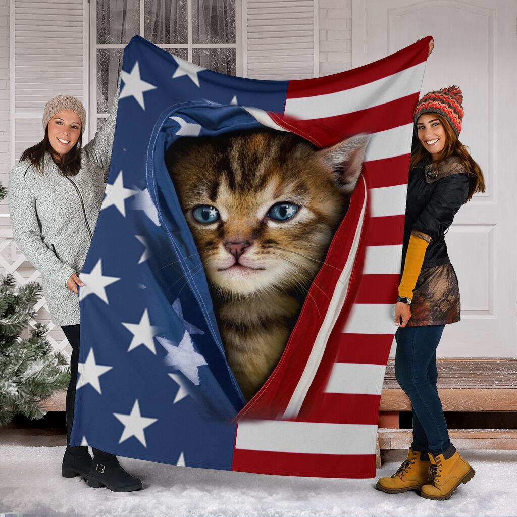Cat Kitten Opened American Flag Flannel Blanket For Bedroom Couch And Daily Comfort