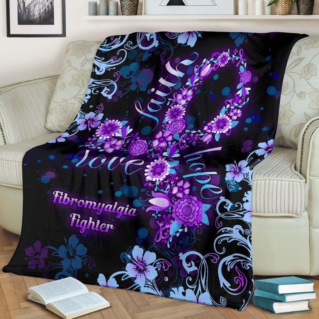 Flower Faith Hope Love Fibromyalgia Awareness Flannel Blanket For Living Room And Bedroom Styling