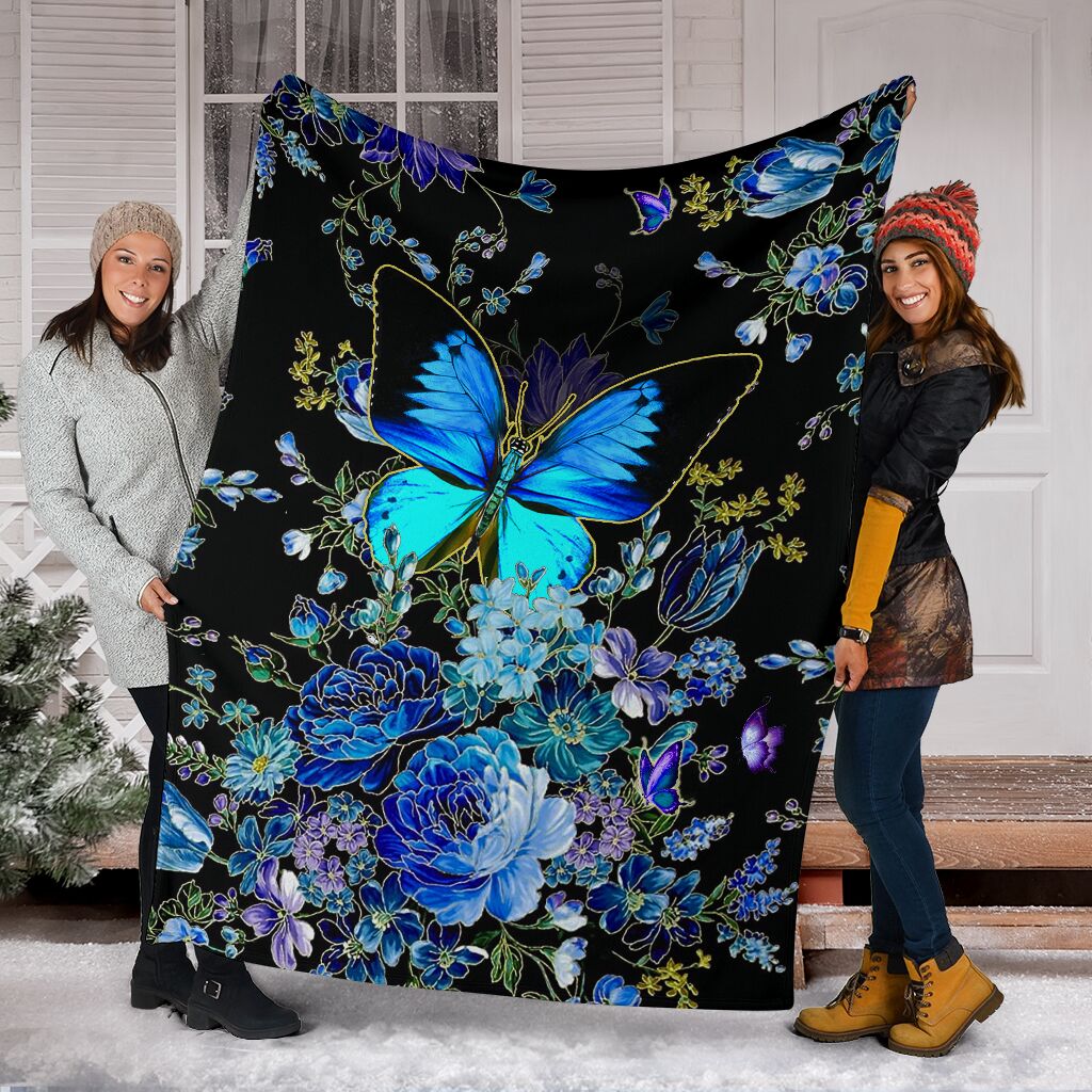 Butterfly With Blue Flowers Flannel Blanket For Bedroom Couch And Daily Comfort