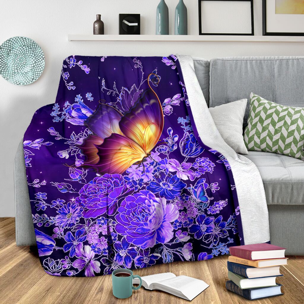 Butterfly With Purple Flowers Flannel Blanket For Relaxing At Home And Travel