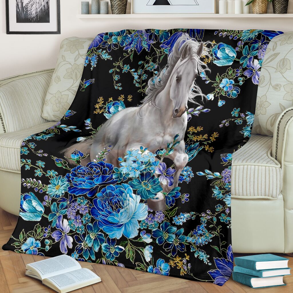 Horse Blue Floral Flannel Blanket For Living Room And Bedroom Styling