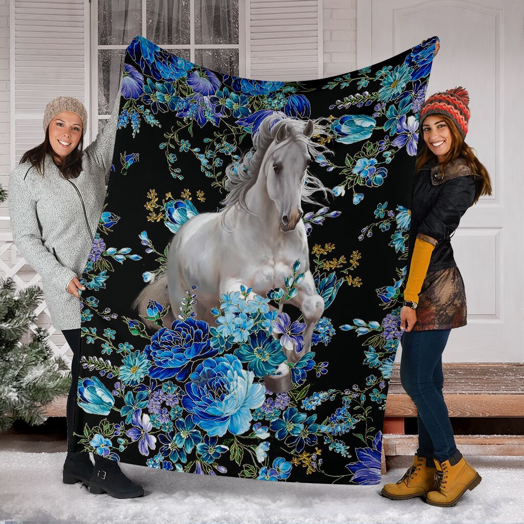 Horse White Horse Blue Flower Flannel Blanket For Bedroom Couch And Daily Comfort