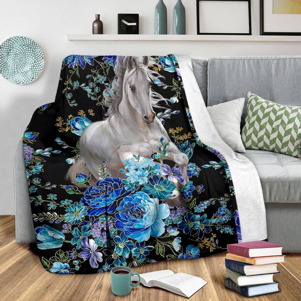 Horse Blue Floral Flannel Blanket For Relaxing At Home And Travel