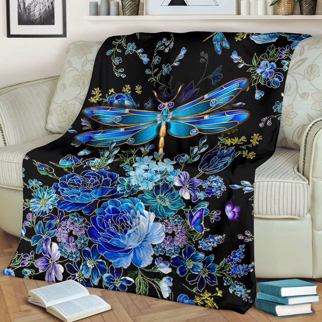 Dragonfly Blue Floral Flannel Blanket For Living Room And Bedroom Styling
