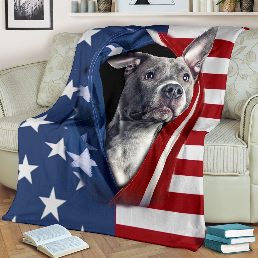 Pitbull Opened American Flag Flannel Blanket For Living Room And Bedroom Styling
