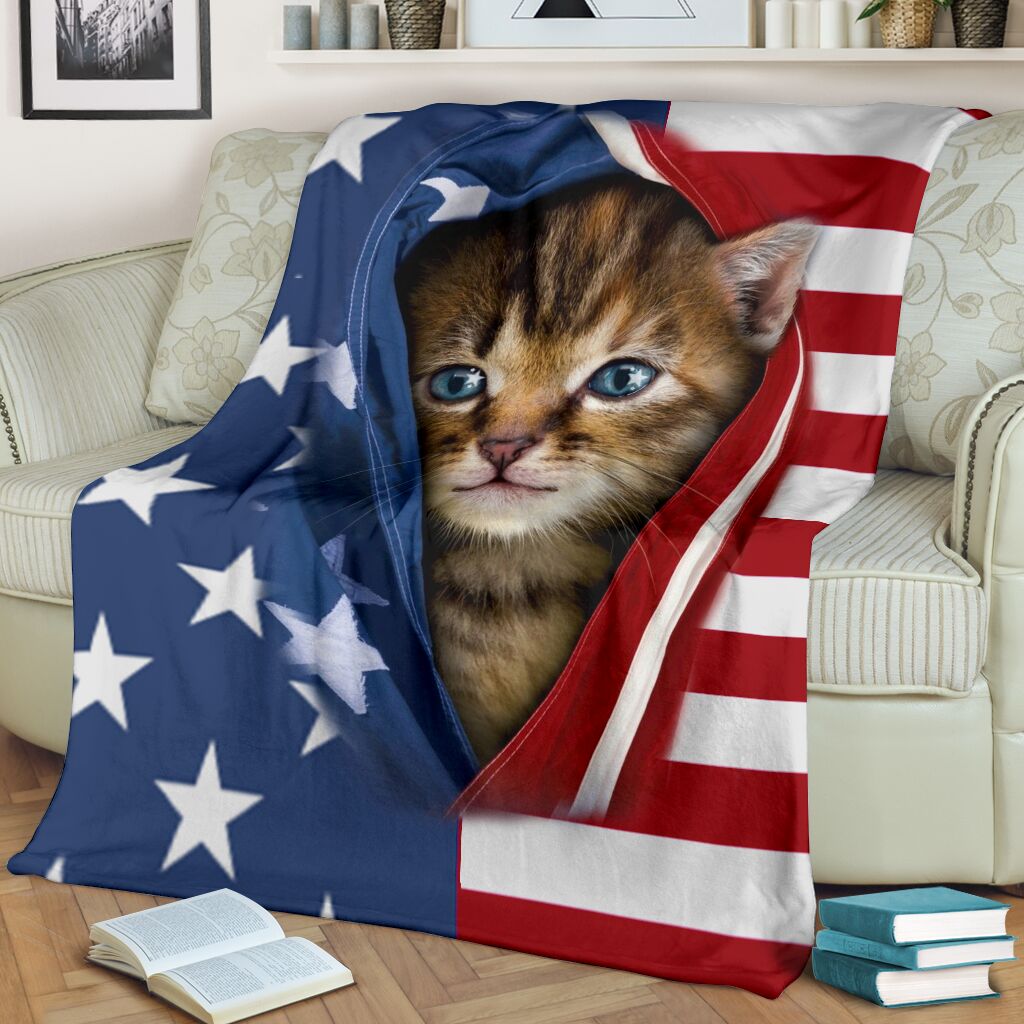 Cat Kitten Opened American Flag Flannel Blanket For Living Room And Bedroom Styling