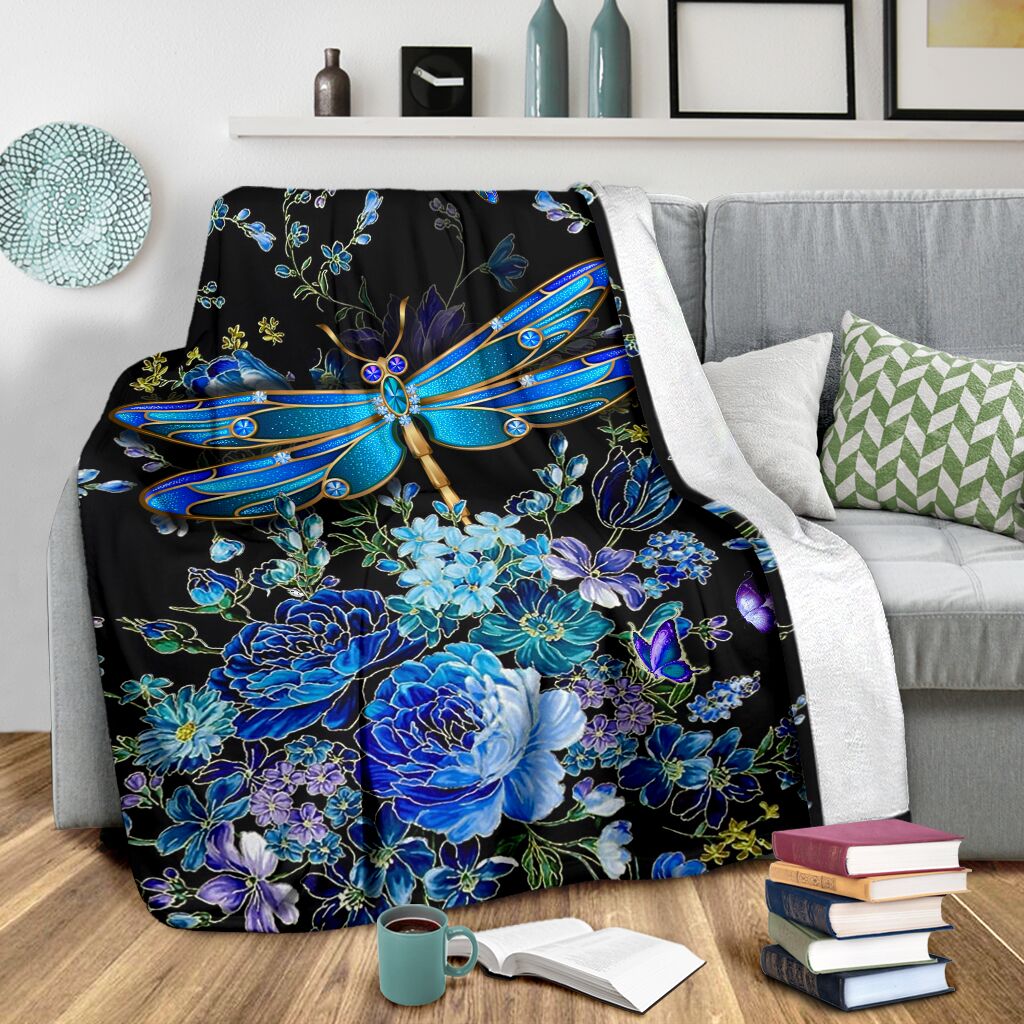 Dragonfly Blue Floral Flannel Blanket For Relaxing At Home And Travel