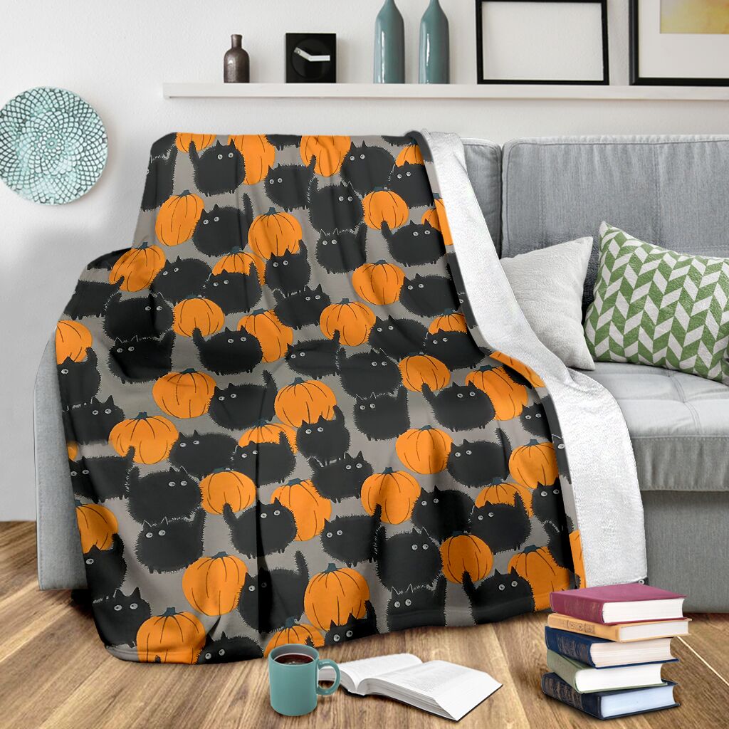 Halloween Pumpkin Black Cat Flannel Blanket For Relaxing At Home And Travel