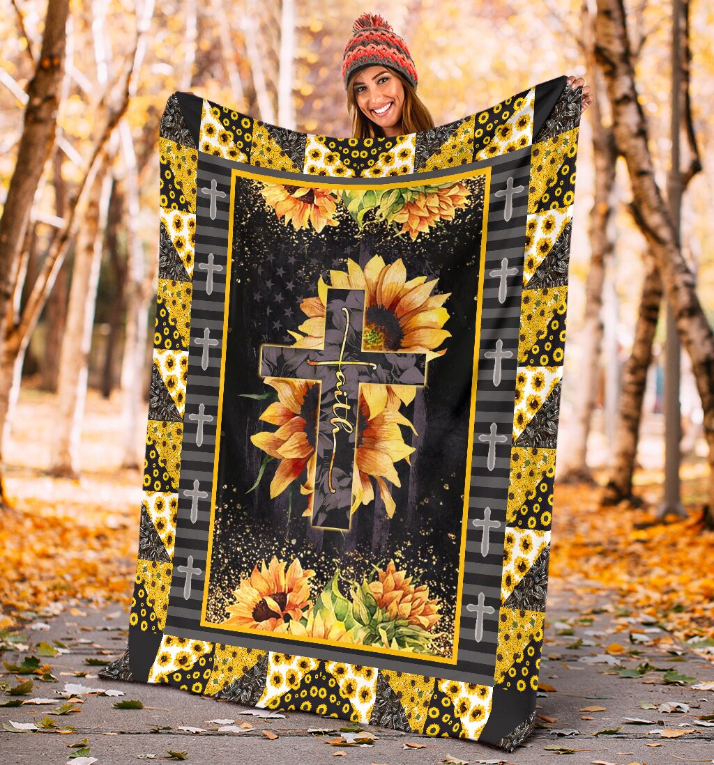 Jesus Cross On Sunflower Christian Flannel Blanket For Bed Sofa And Reading Nook Decor