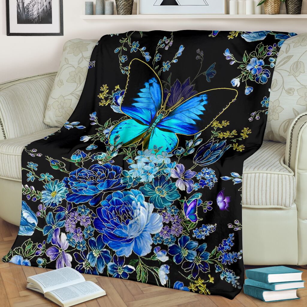 Butterfly With Blue Flowers Flannel Blanket For Living Room And Bedroom Styling