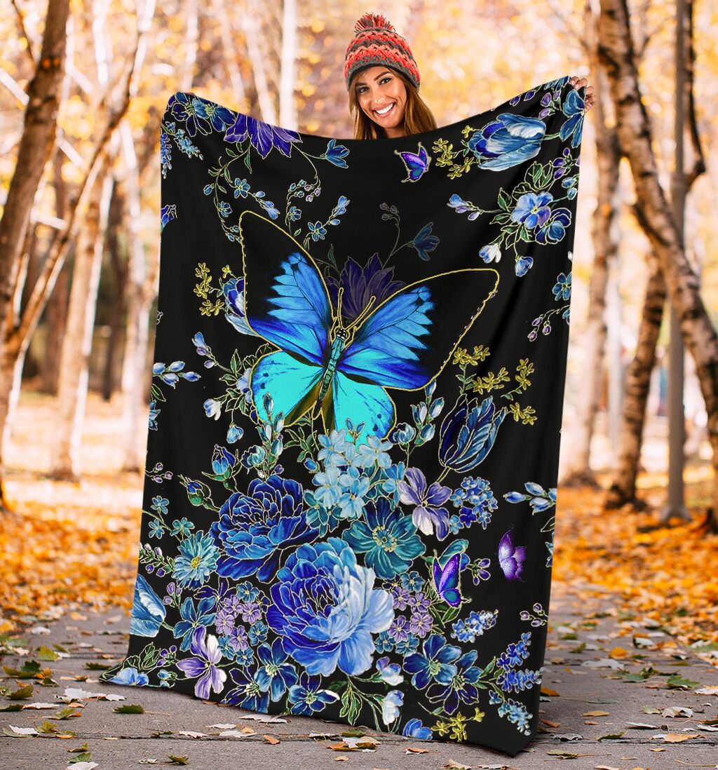Butterfly With Blue Flowers Flannel Blanket For Bed Sofa And Reading Nook Decor