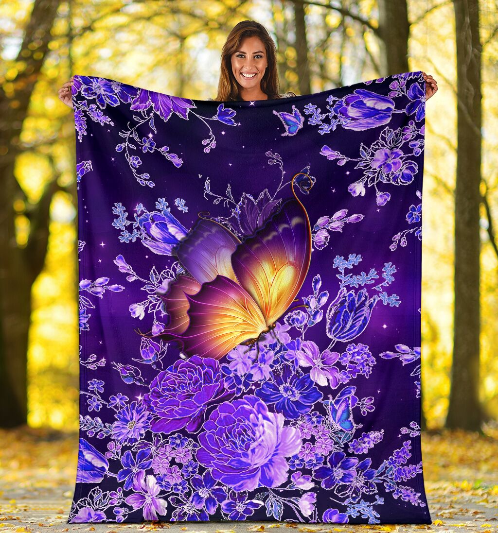 Butterfly With Purple Flowers Flannel Blanket For Cozy Home Lounging And Gifting