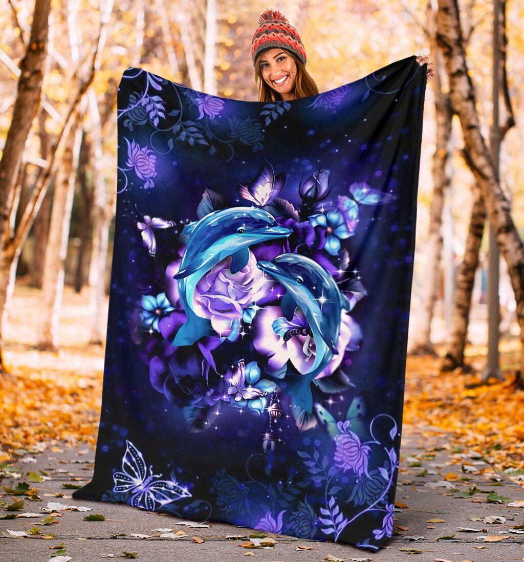 Dolphin And Blue Flowers Flannel Blanket For Bed Sofa And Reading Nook Decor