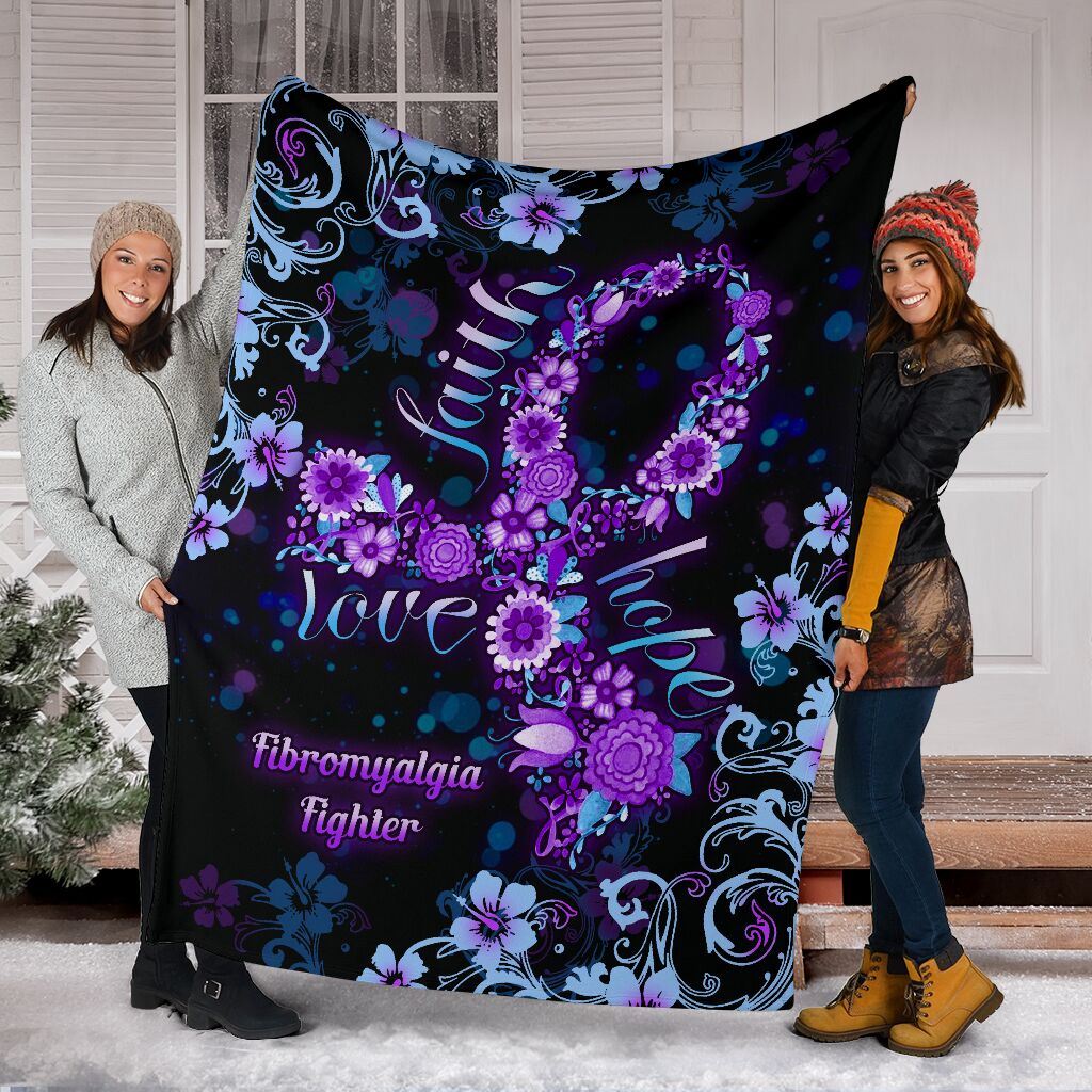 Flower Faith Hope Love Fibromyalgia Awareness Flannel Blanket For Bedroom Couch And Daily Comfort